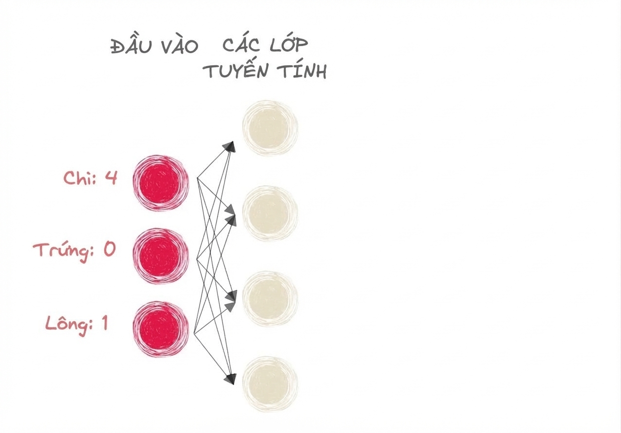 Sơ đồ một phần mạng nơ-ron với đầu vào và các lớp tuyến tính
