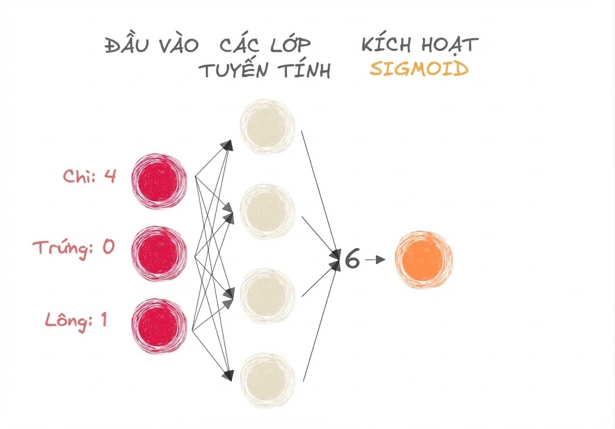 Sơ đồ một phần mạng nơ-ron với đầu vào, số 6 là đầu ra của các lớp tuyến tính, và hàm kích hoạt sigmoid