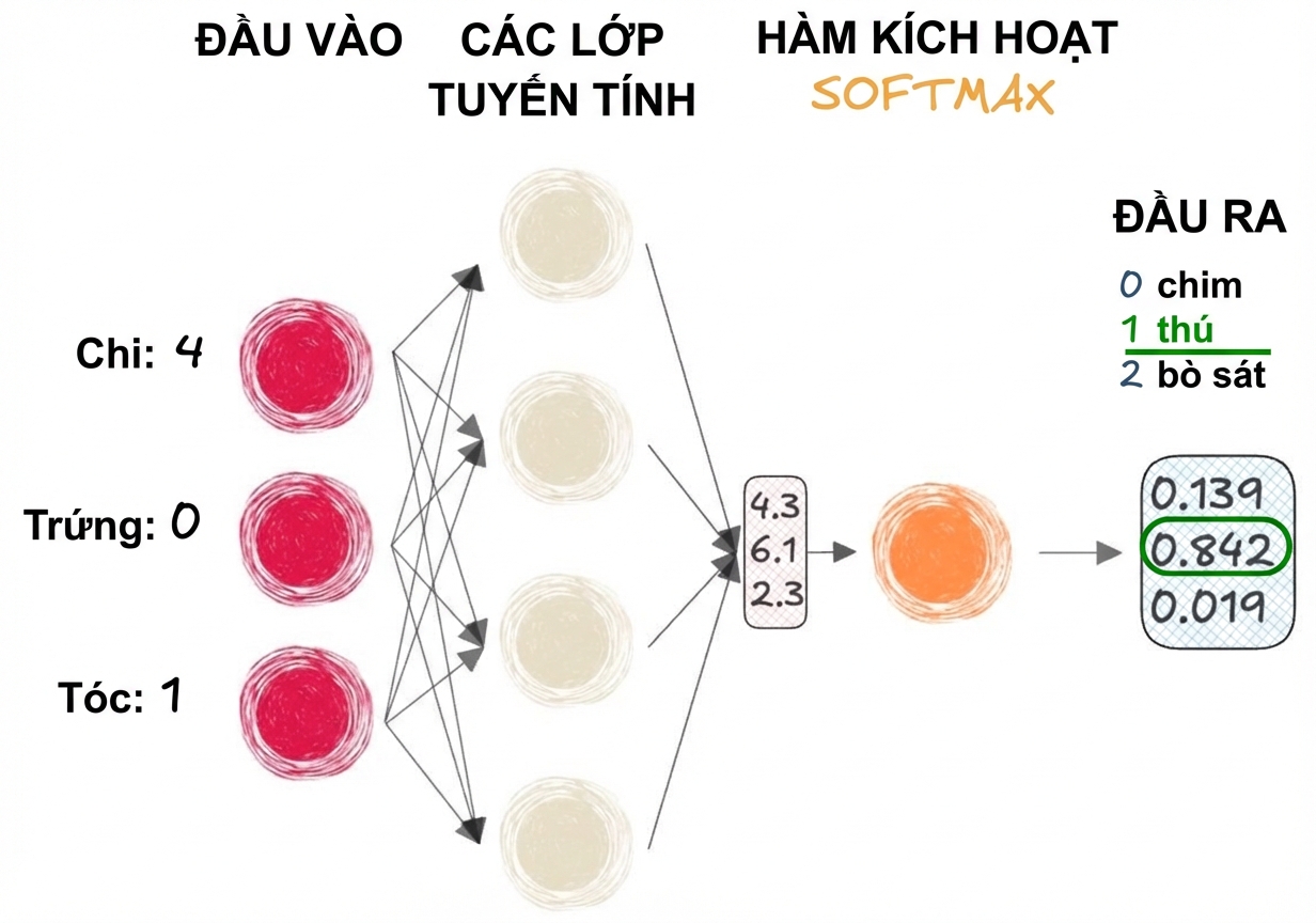 Sơ đồ một phần mạng nơ-ron với đầu vào, một vector là đầu ra của các lớp tuyến tính, hàm softmax, và đầu ra