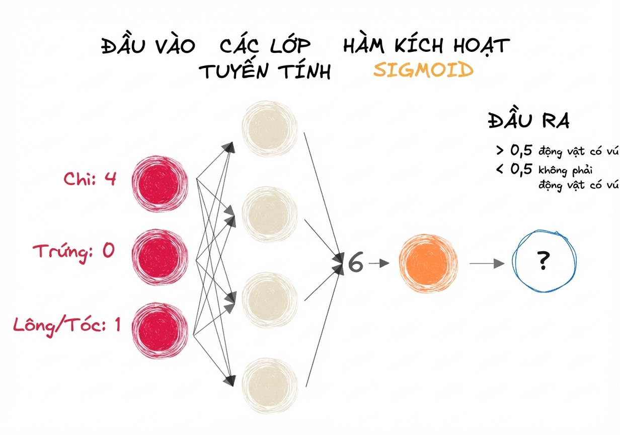 Sơ đồ một phần mạng nơ-ron với đầu vào, số 6 là đầu ra của các lớp tuyến tính, hàm sigmoid, và đầu ra