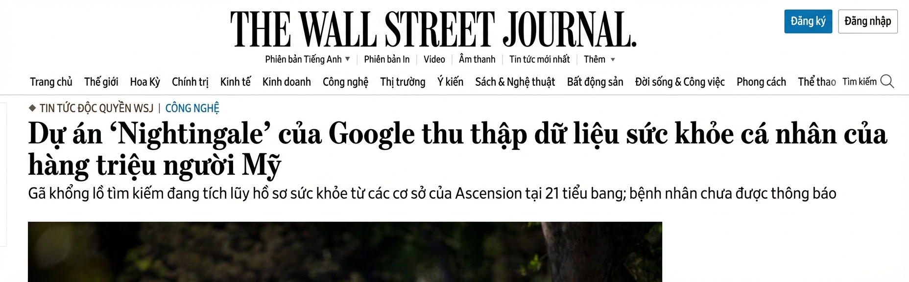 Ảnh chụp WSJ đưa tin về Project Nightingale của Google