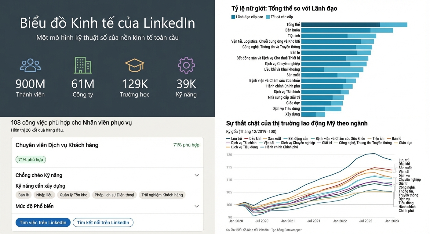 Ảnh ghép các tính năng của dự án LinkedIn Economic Graph.
