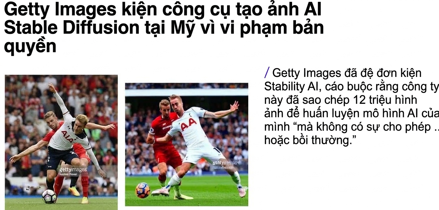 Minh họa từ vụ kiện của Getty Images, cho thấy ảnh gốc và ảnh tương tự (kèm watermark Getty Images) do Stable Diffusion tạo. Ảnh: Getty Images