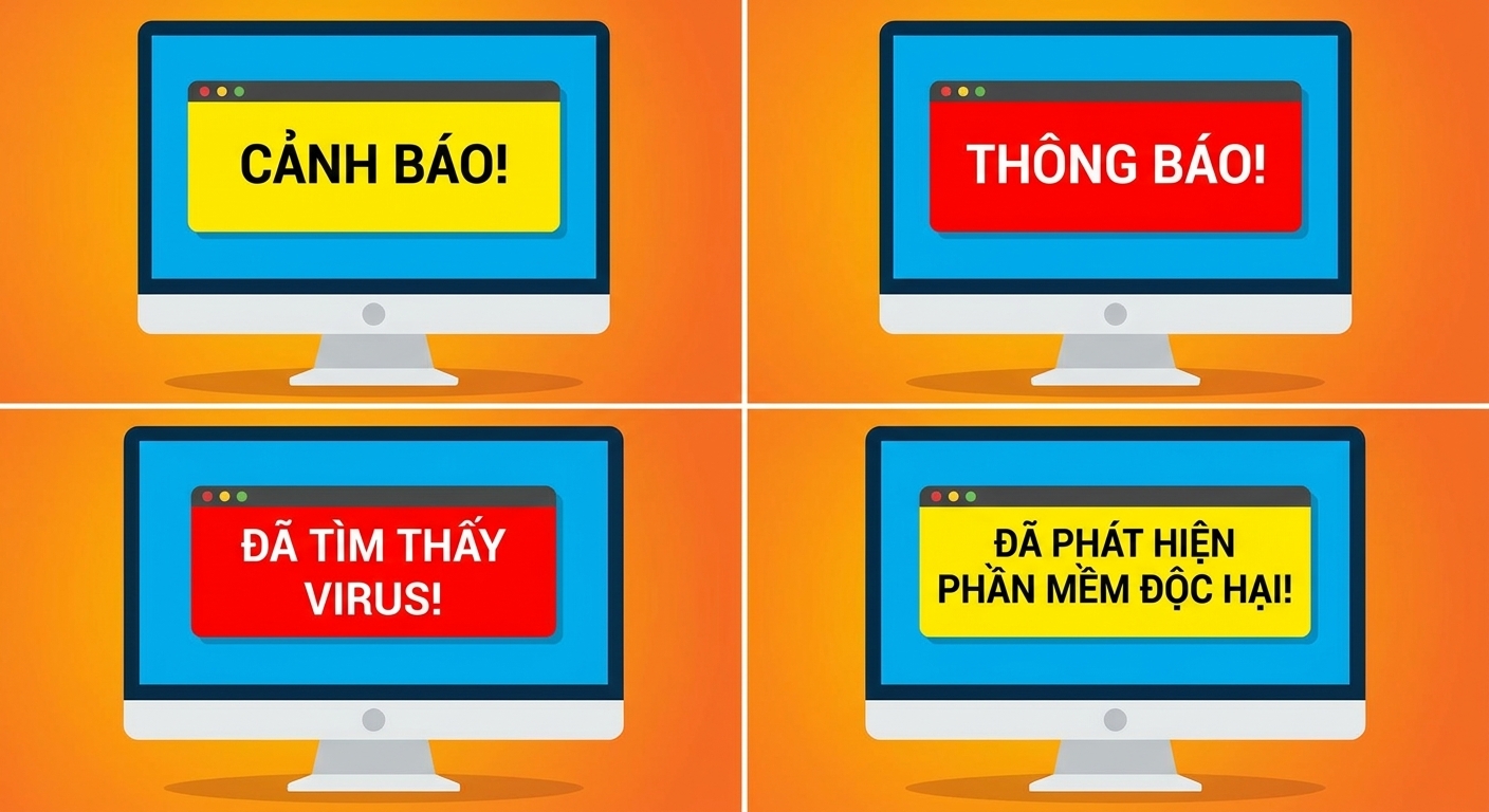 Minh họa vi phạm bảo mật với bốn máy tính hiển thị các cảnh báo: warning, alert, virus found, malware detected.