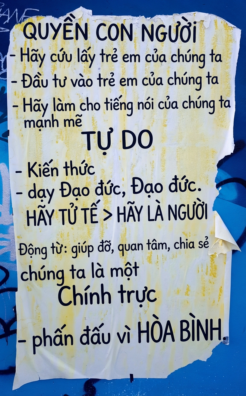 Ảnh áp phích rách trên tường với các tuyên ngôn đạo đức.
