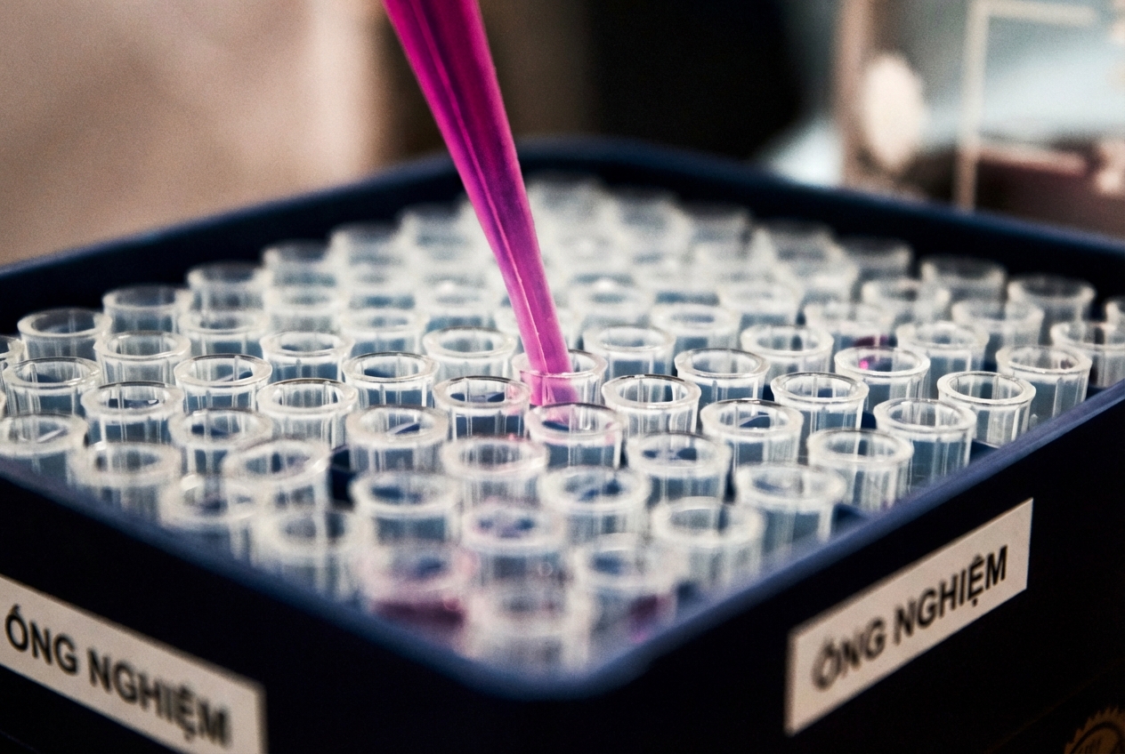 Ảnh ống nghiệm và pipet hồng trong phòng thí nghiệm dược.