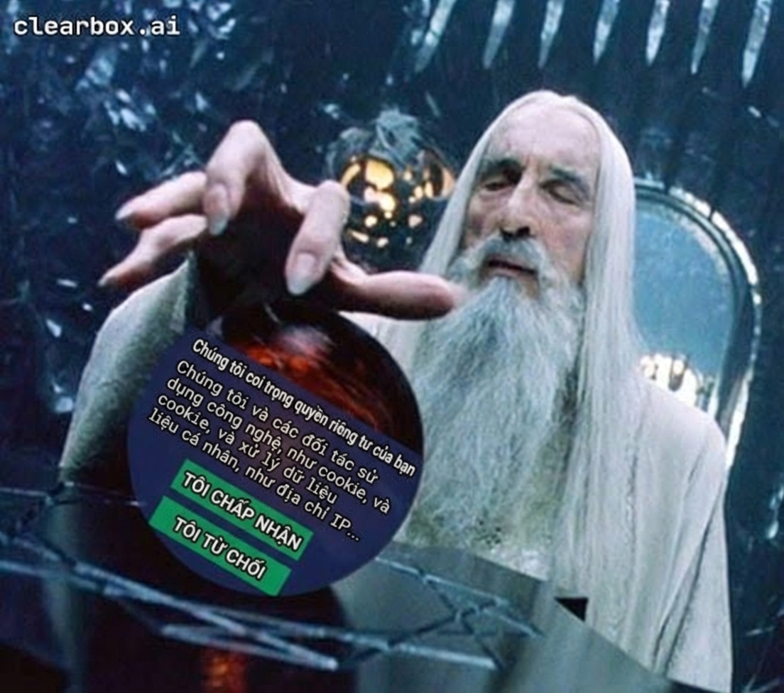 Meme về Saruman cố nhìn vào quả cầu Palantír của mình nhưng bị chặn bởi yêu cầu chấp thuận.