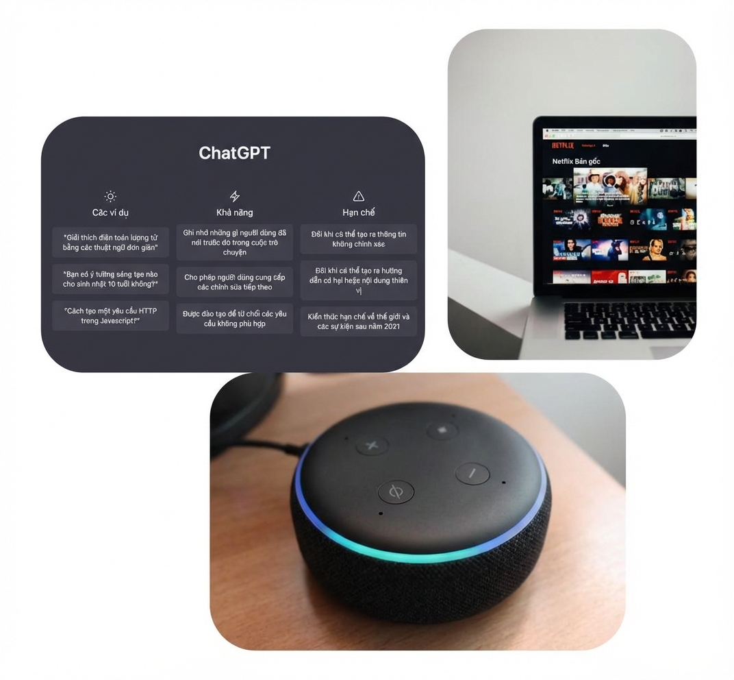 Ghép ảnh loa trợ lý giọng nói, ảnh chụp chatgpt và trang chủ Netflix.