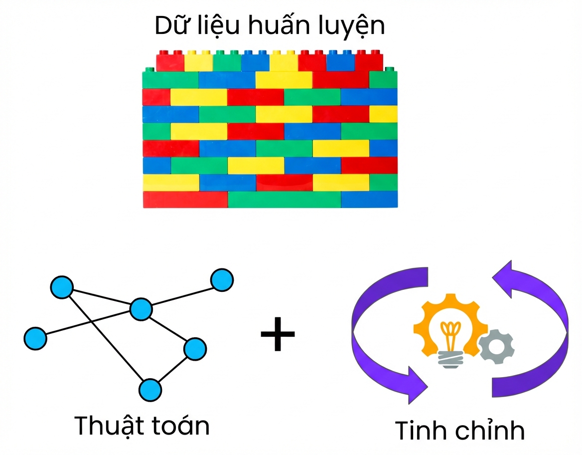Ba thành phần chính của mô hình ngôn ngữ lớn: dữ liệu đào tạo, các thuật toán để phát hiện mẫu trong dữ liệu đào tạo và quá trình hoàn thiện.