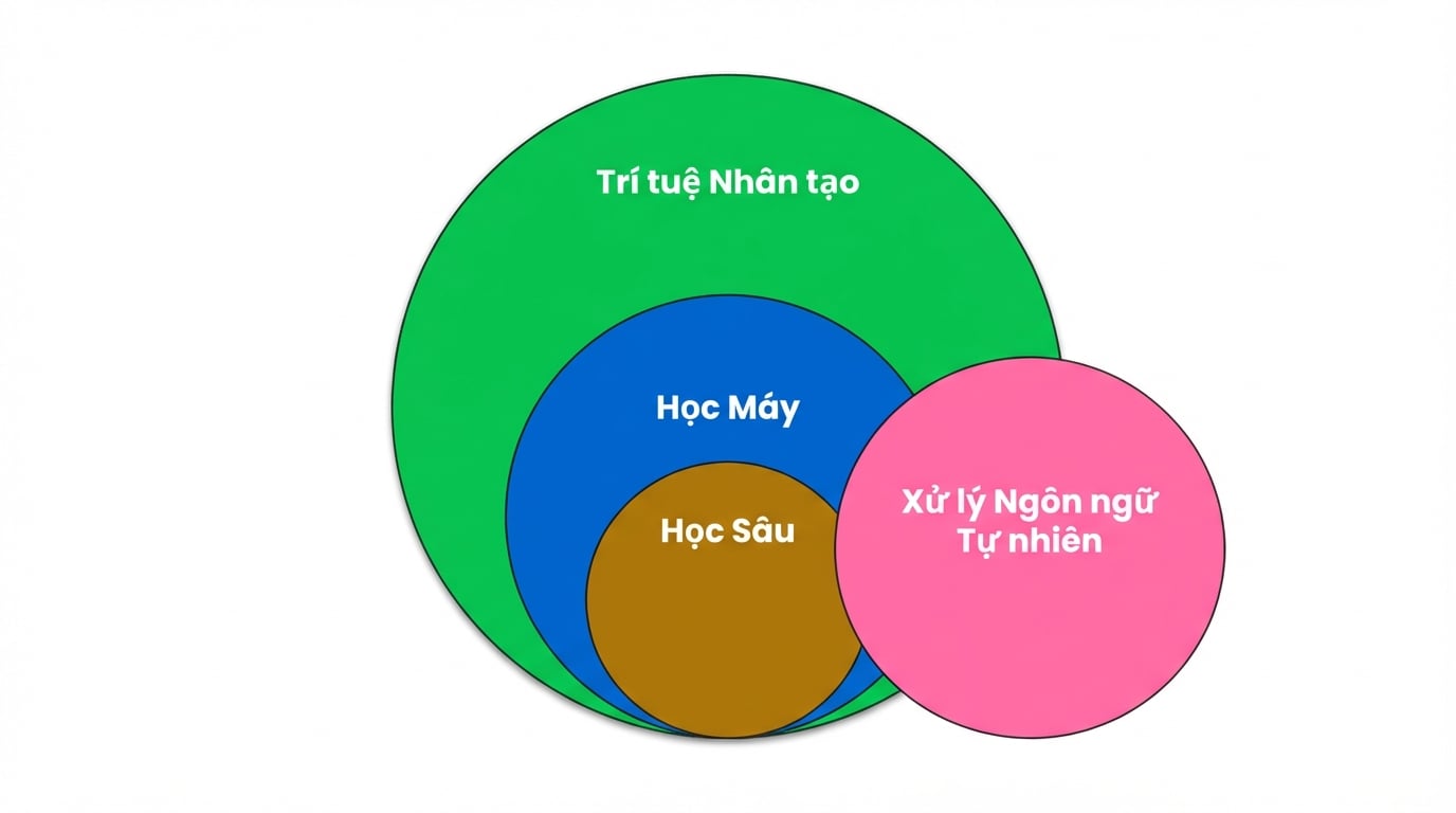 Sơ đồ Venn cho thấy Xử lý ngôn ngữ tự nhiên là một phần của Máy học và Học sâu.
