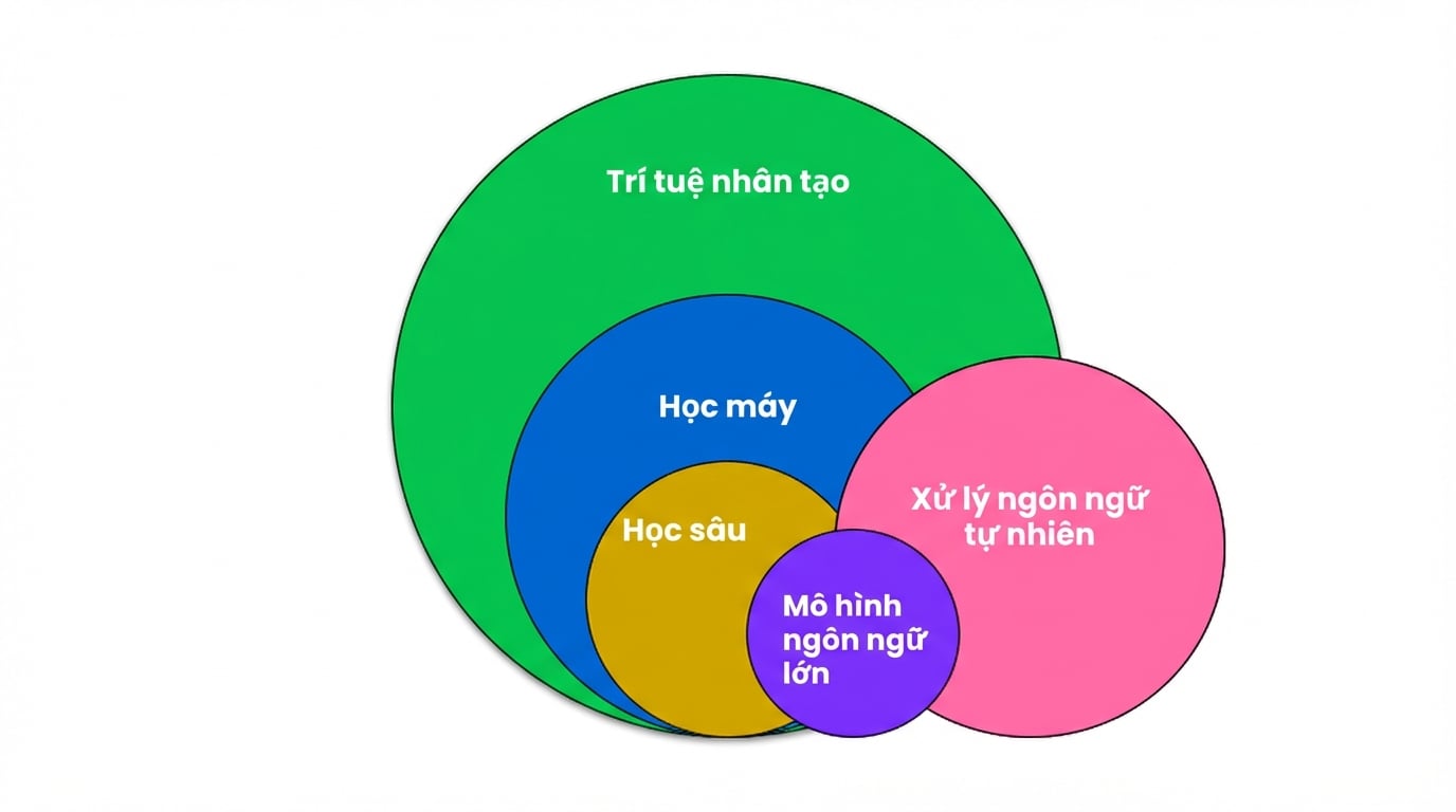 Sơ đồ Venn cho thấy LLM nằm tại giao điểm của Xử lý ngôn ngữ tự nhiên và Học sâu.