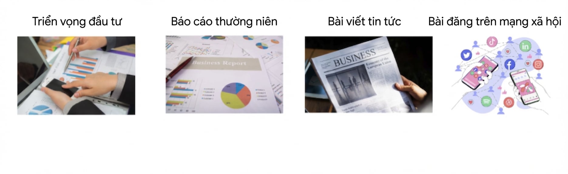 Hình minh họa dữ liệu phân tích tài chính như triển vọng đầu tư, báo cáo thường niên, bài báo và bài đăng mạng xã hội.