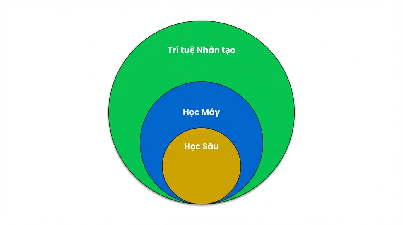 Sơ đồ Venn cho thấy Máy học là tập con của Trí tuệ nhân tạo, và Học sâu là tập con của Máy học.