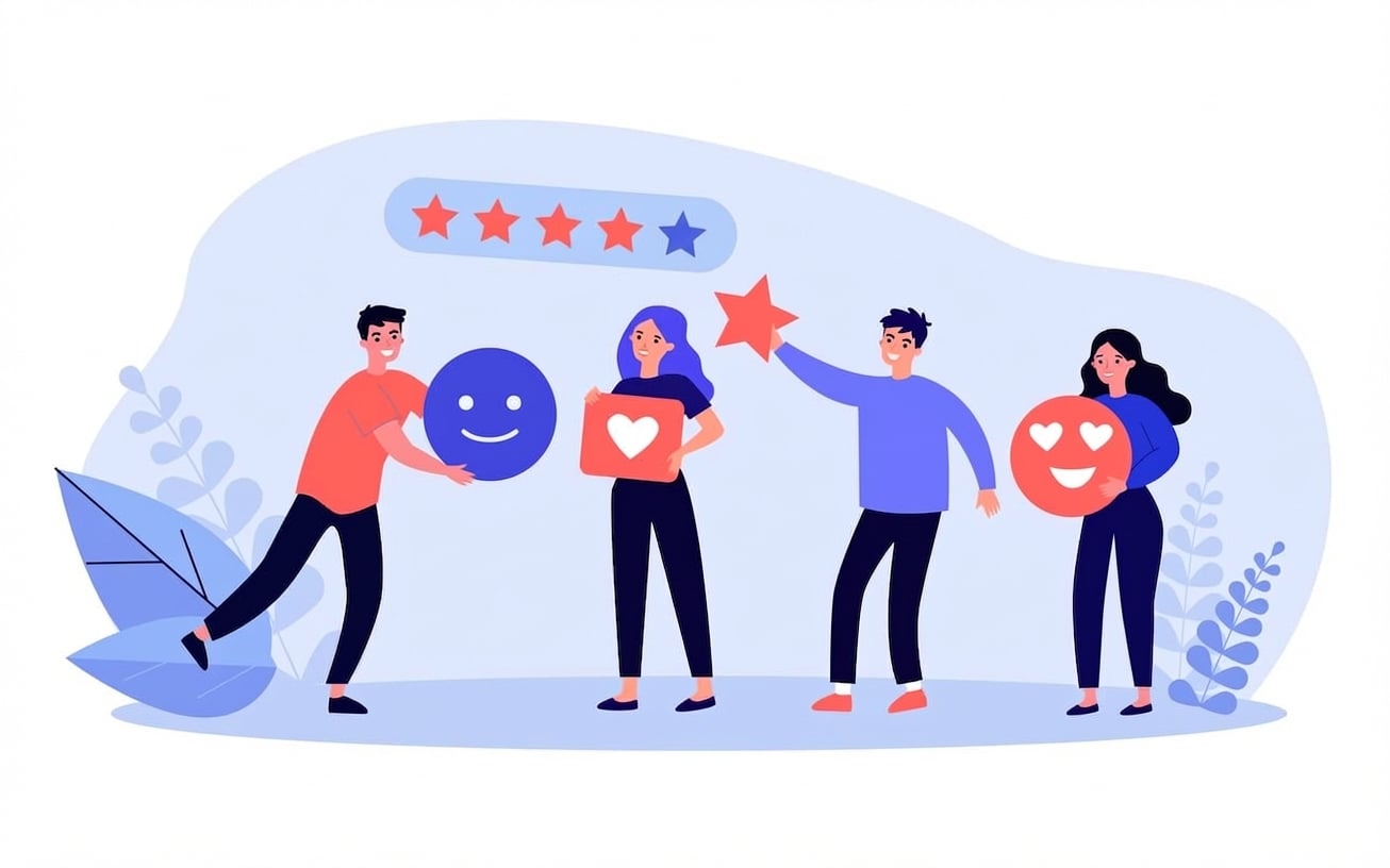 Minh họa bốn người đưa phản hồi tích cực bằng emoji và sao.