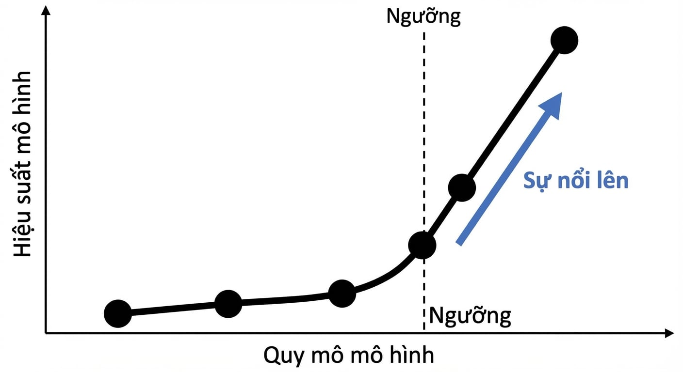 Đồ thị cho thấy mô hình cải thiện đột ngột khi quy mô vượt ngưỡng chuyển tiếp
