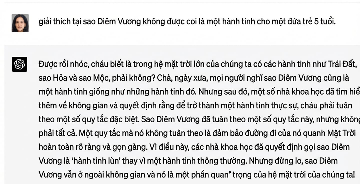 Một đoạn chat mẫu giải thích vì sao Diêm Vương Tinh không còn là hành tinh trong Hệ Mặt Trời cho trẻ 5 tuổi.