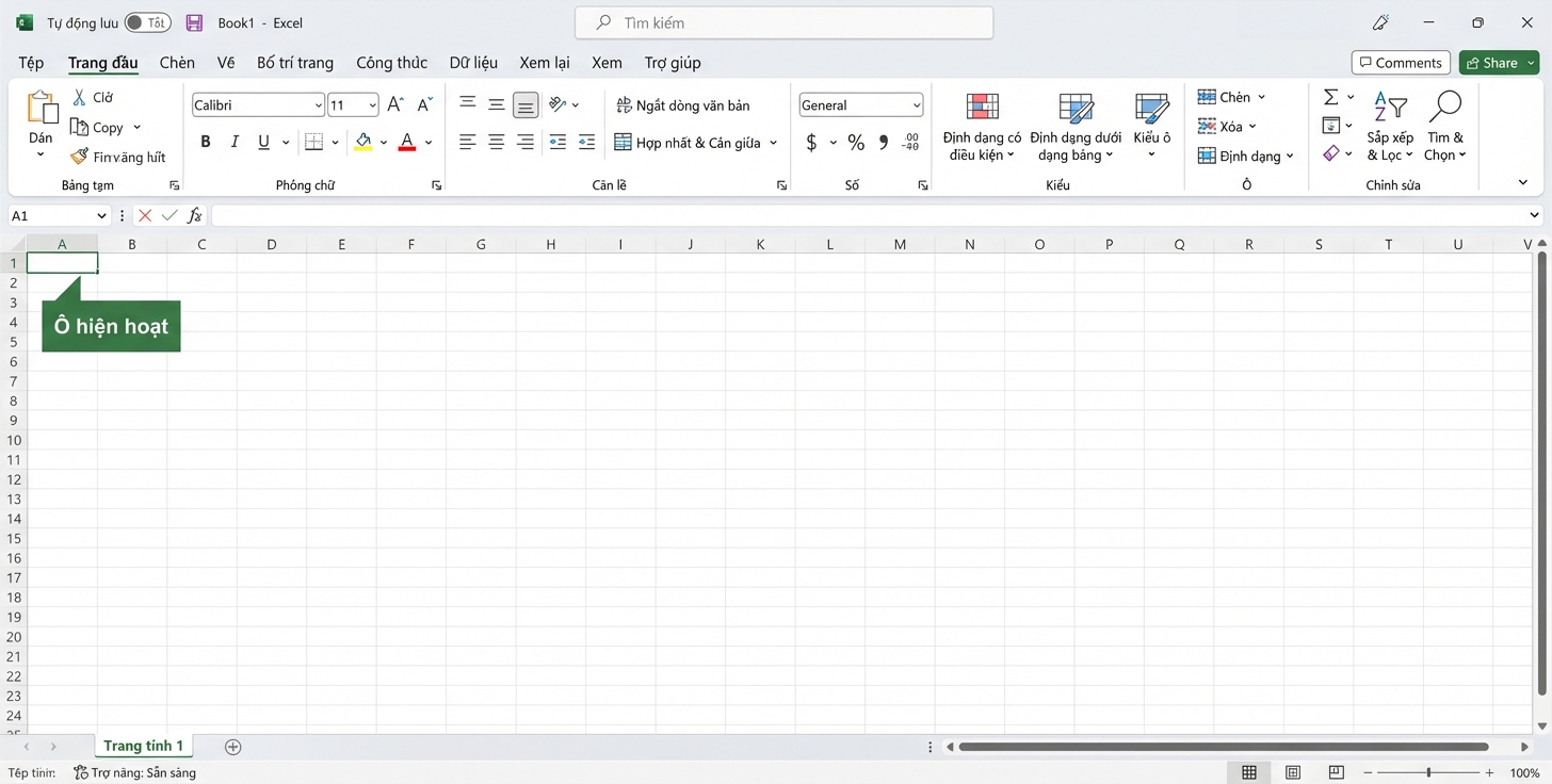 Tệp Excel làm nổi bật ô đang hoạt động