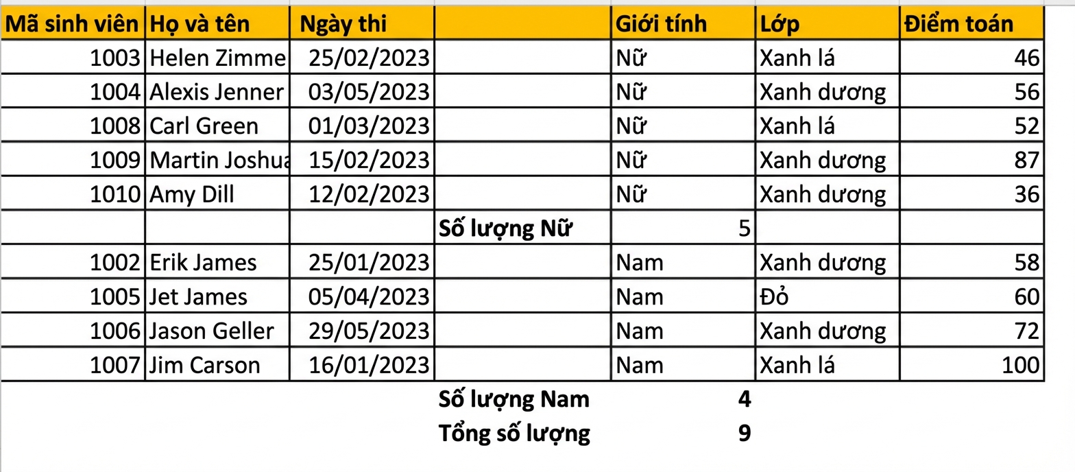 Bảng kết quả kiểm tra học sinh, có thêm đếm theo giới tính bằng tính năng subtotal
