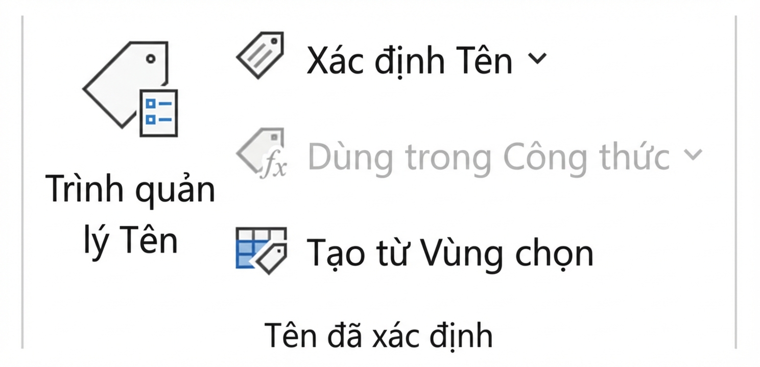 Hình minh họa các tính năng trong Excel liên quan đến đặt tên dải ô.