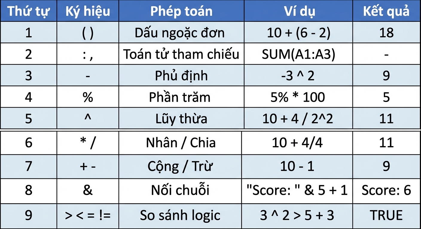 Danh sách thứ tự phép tính của Excel kèm ví dụ
