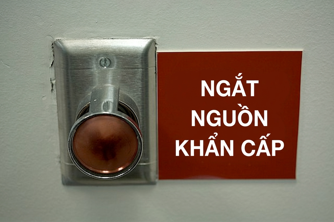 Nút đỏ lớn với biển "Ngắt điện khẩn cấp" bên cạnh