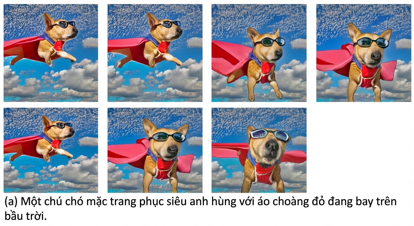 Các khung hình của video AI về một chú chó bay