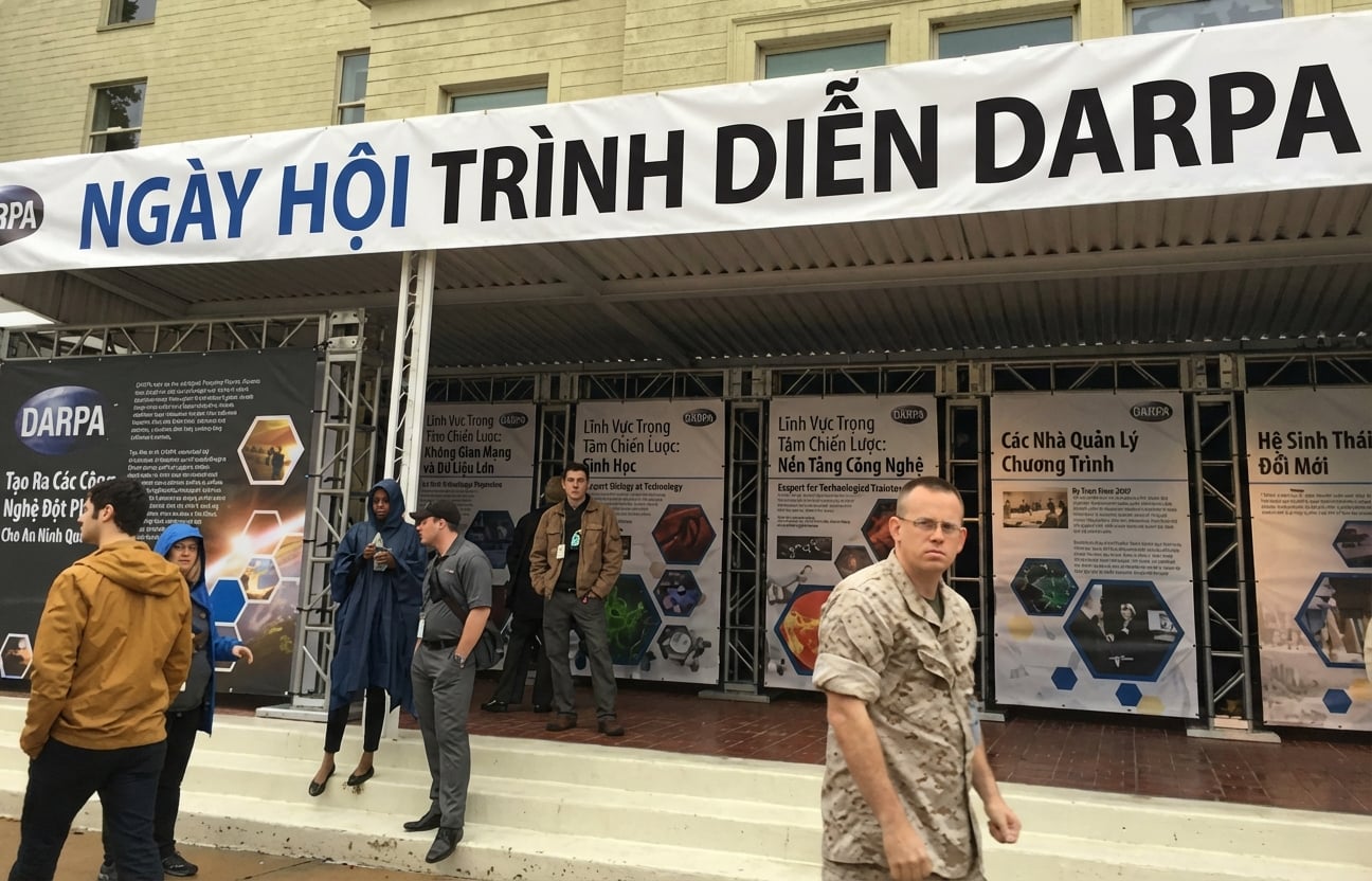 Hình ảnh gian hàng hội thảo với băng-rôn ghi "DARPA Demo Day"