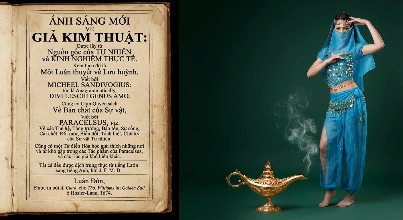 Hình bản thảo giả kim và thần đèn từ cây đèn thần