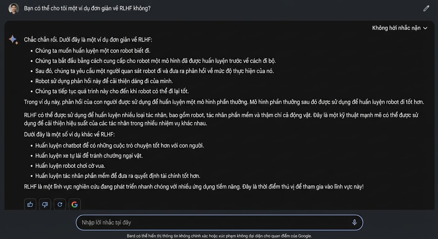 Ảnh giao diện Google Bard với tùy chọn phản hồi 'thích' và 'không thích' được tô sáng