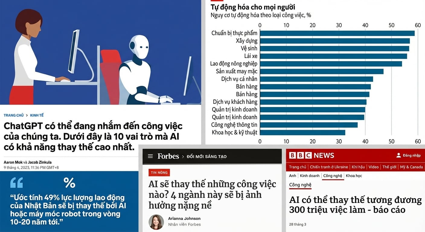 Tiêu đề và biểu đồ về việc AI sẽ thay thế nhiều công việc
