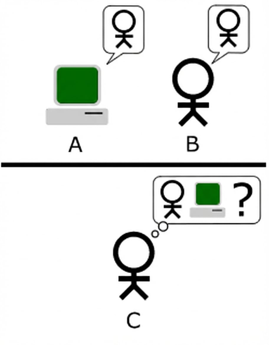 Mô tả thiết lập kiểm tra Turing, với người đánh giá, một màn hình hiển thị nội dung do AI tạo và nội dung do con người tạo, minh họa quá trình phân biệt giữa hai bên.