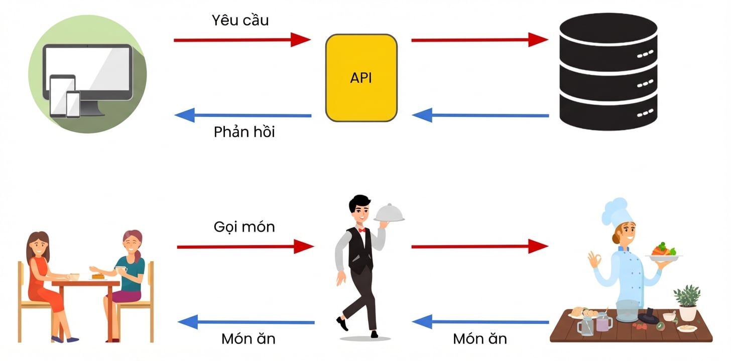 Một bồi bàn chuyển đồ gọi và món ăn giữa bếp và bàn, mô phỏng cách API hoạt động giữa thiết bị và hệ thống.