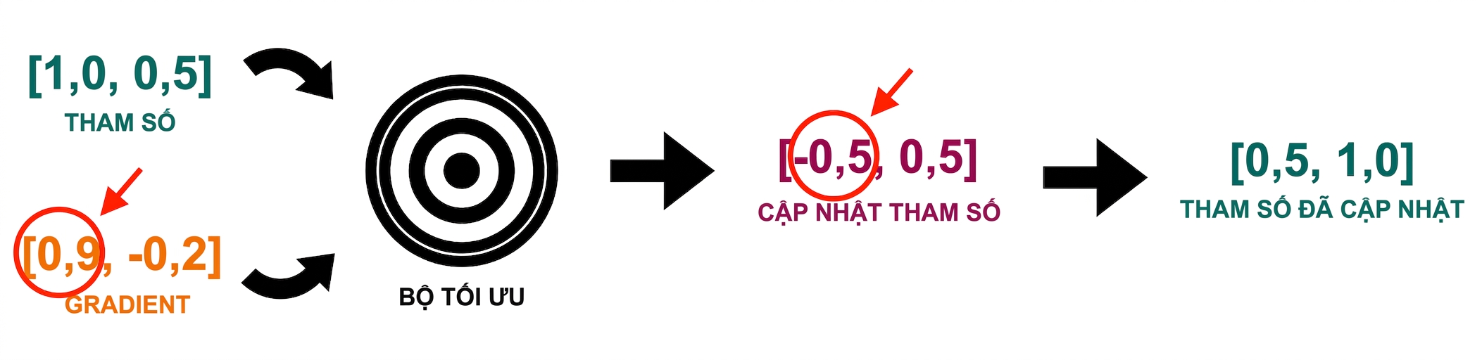 Mũi tên từ cập nhật tham số trỏ tới giá trị tham số mới: 0.5 và 1.0