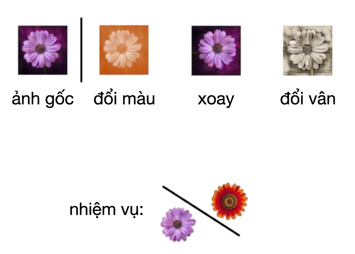 Image of a flower transformed in three ways: using rotation, color shift, and texture change.