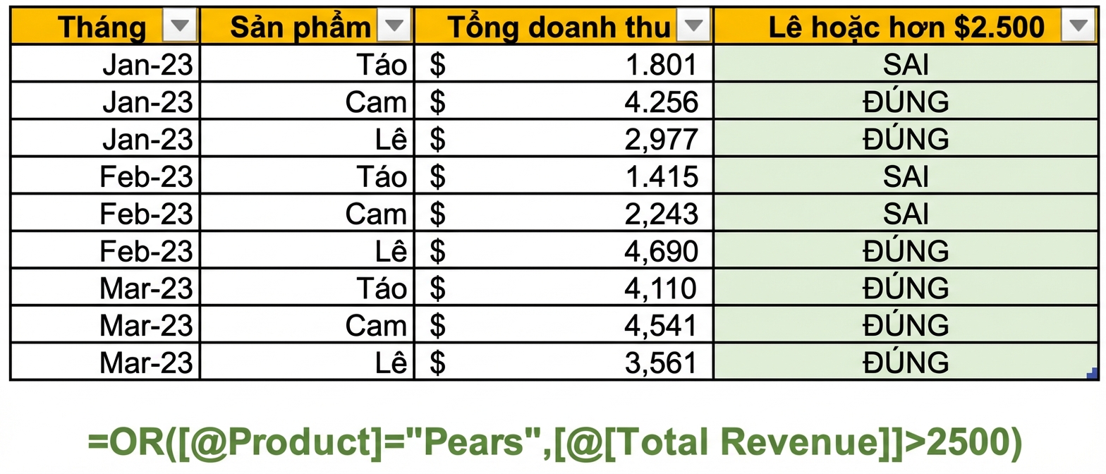 Dữ liệu ví dụ trong Excel cho thấy tạo cột bằng hàm OR với hai biến làm điều kiện