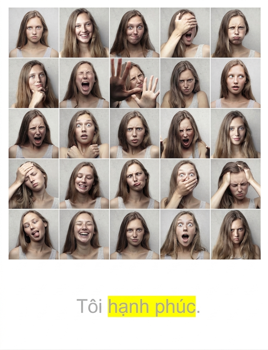 Một loạt cảm xúc kèm câu "I am happy" với từ "happy" được tô đậm.