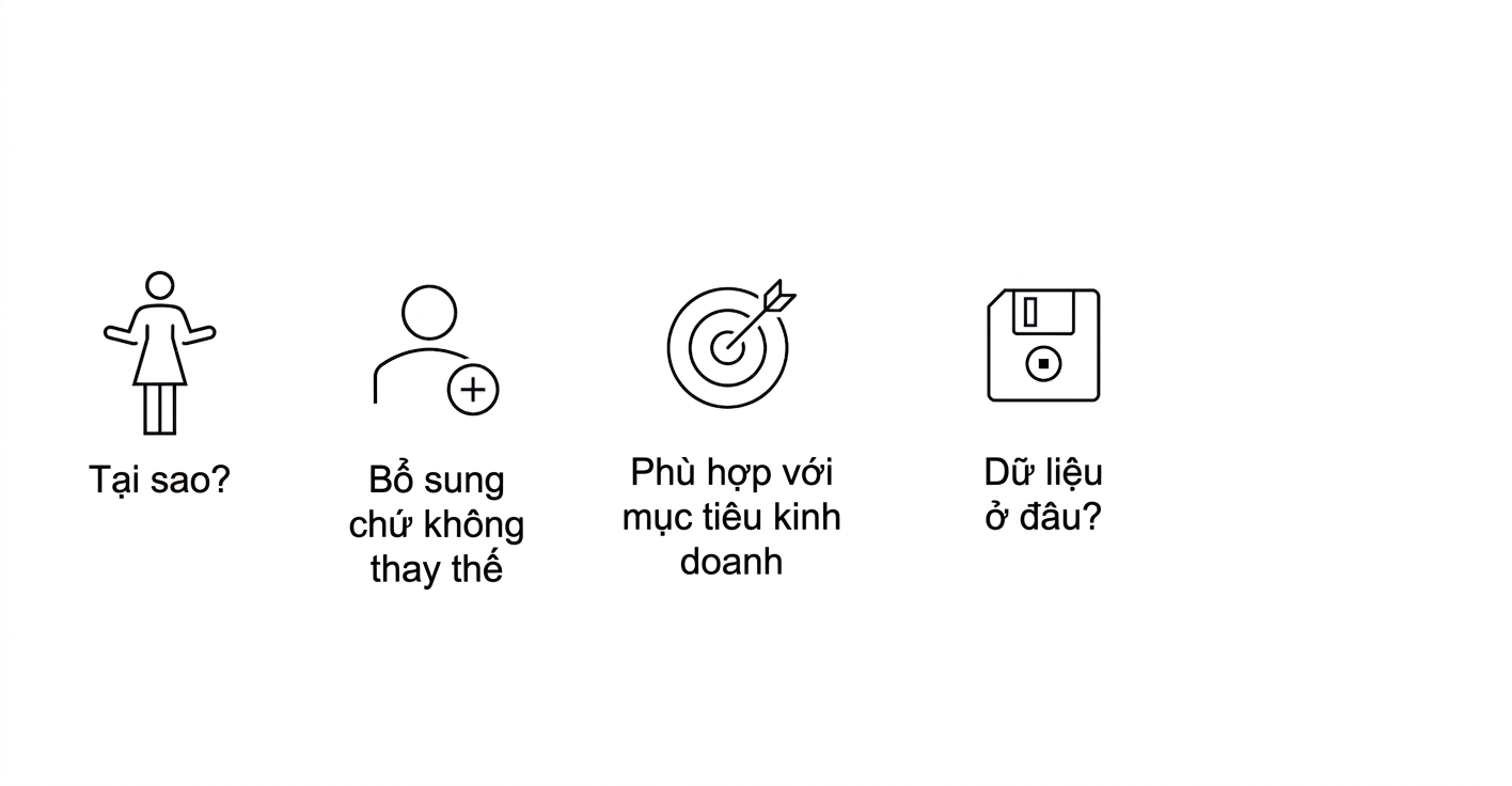 Vì sao? Bổ trợ, không thay thế. Căn chỉnh với mục tiêu kinh doanh. Dữ liệu ở đâu?