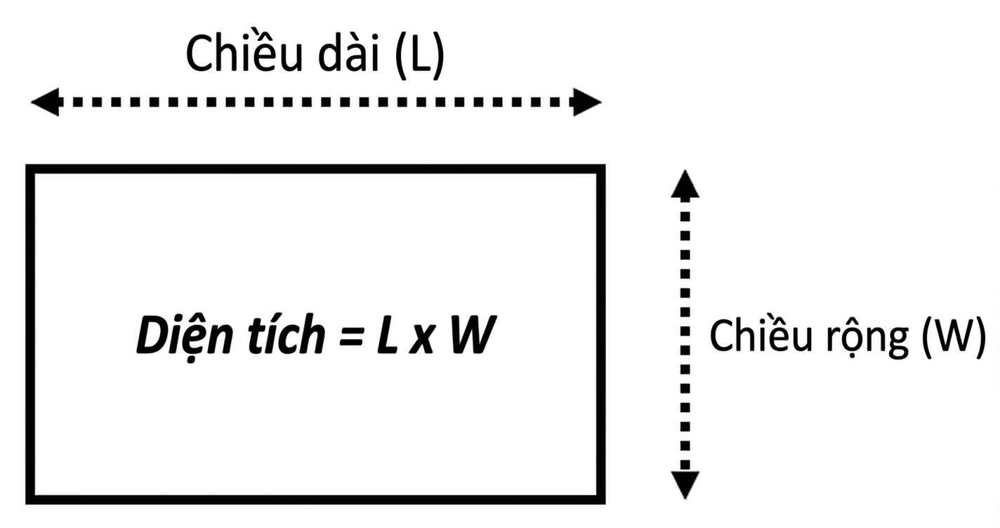 Hình chữ nhật và công thức tính diện tích từ chiều rộng và chiều dài. Area = length\*width.