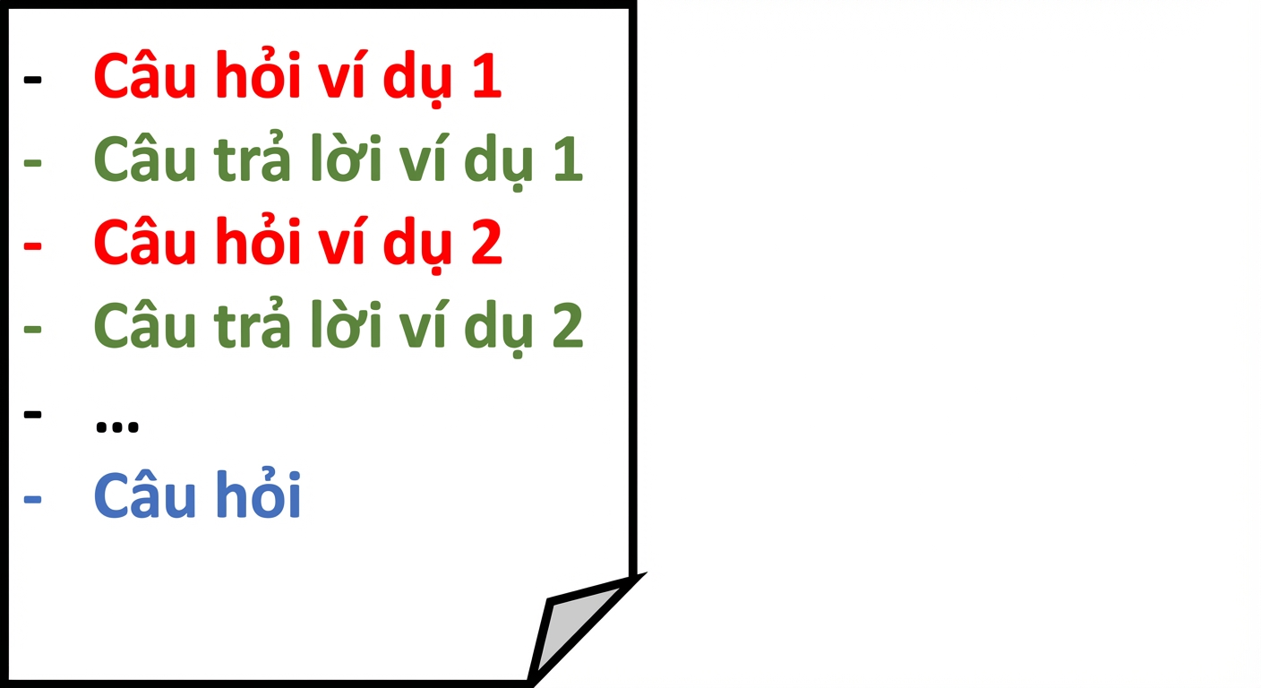 Minh họa trực quan về một prompt few-shot cho thấy cấu trúc với các câu hỏi và câu trả lời ví dụ, và cuối cùng là câu hỏi cần mô hình trả lời.