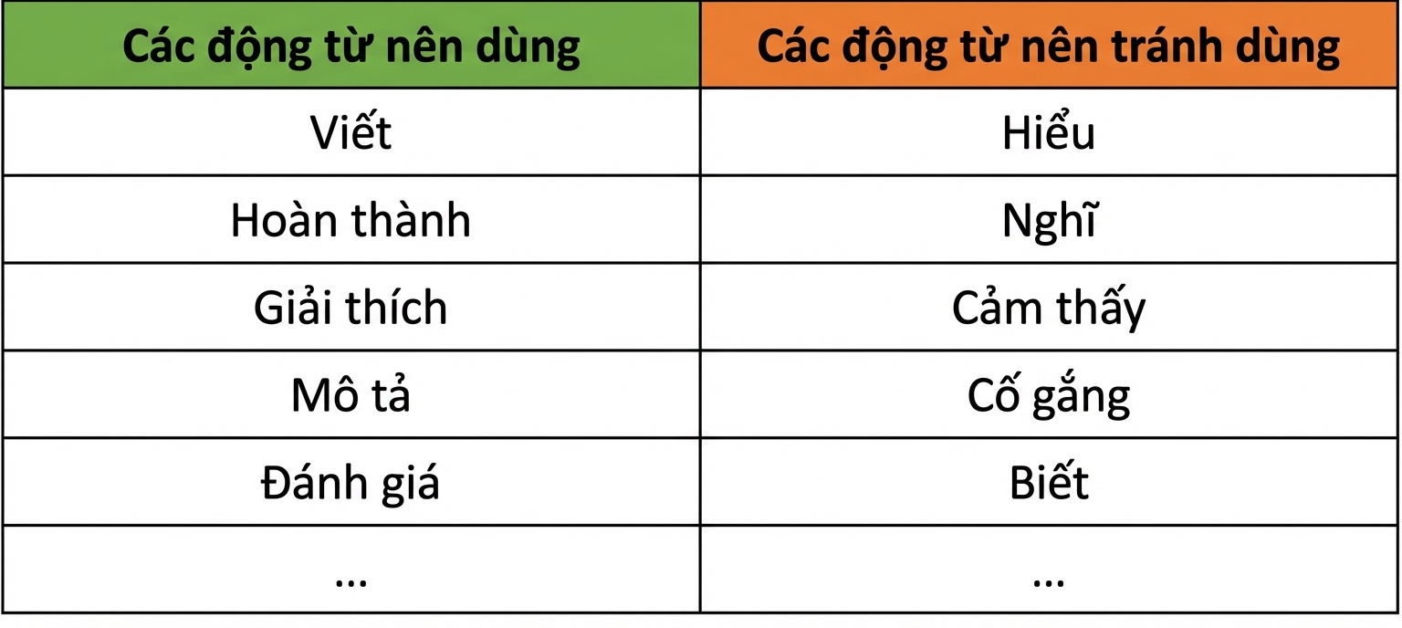 Bảng các động từ nên dùng gồm write, complete, explain, describe, hoặc evaluate, và các động từ cần tránh như understand, think, feel, try, và know.
