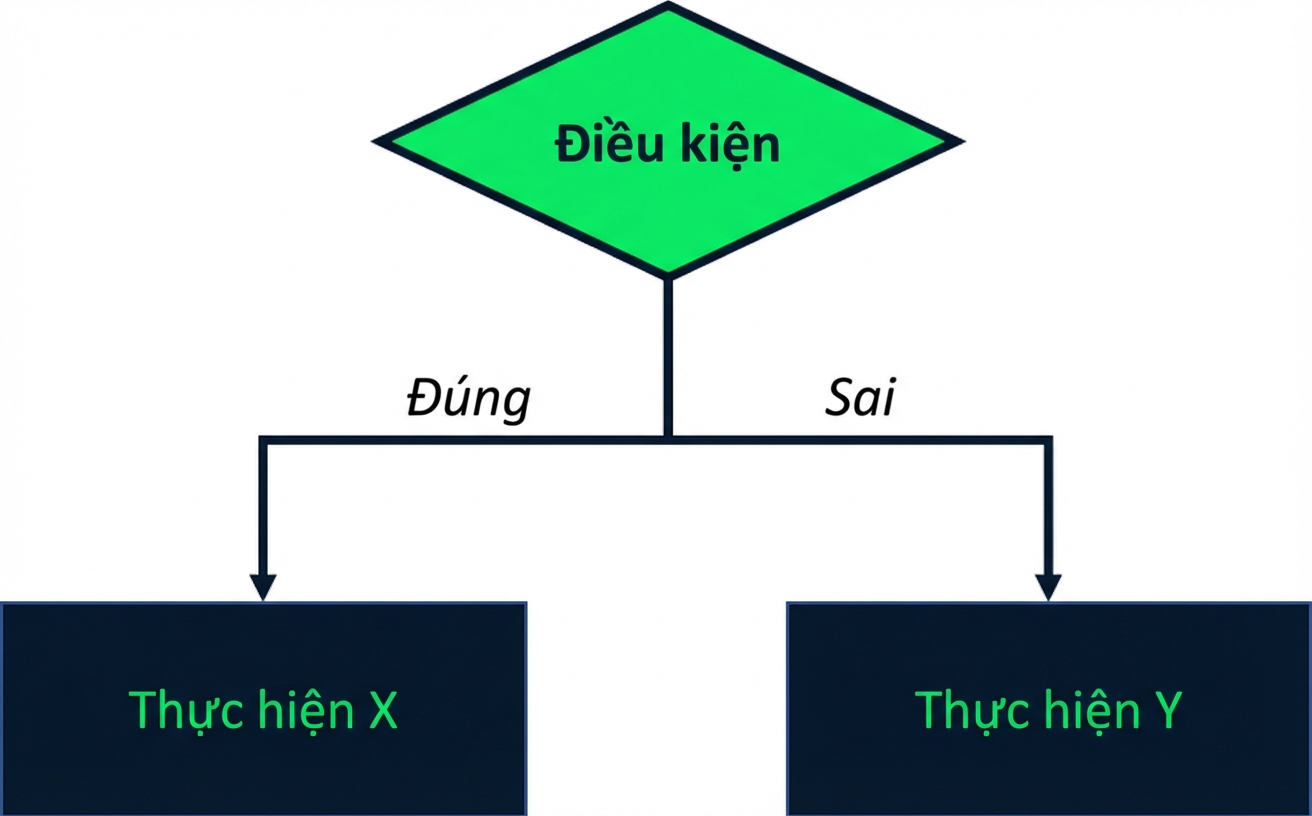 Sơ đồ minh họa một điều kiện kiểm tra. Nếu điều kiện đúng, thực hiện X; nếu sai, thực hiện Y.