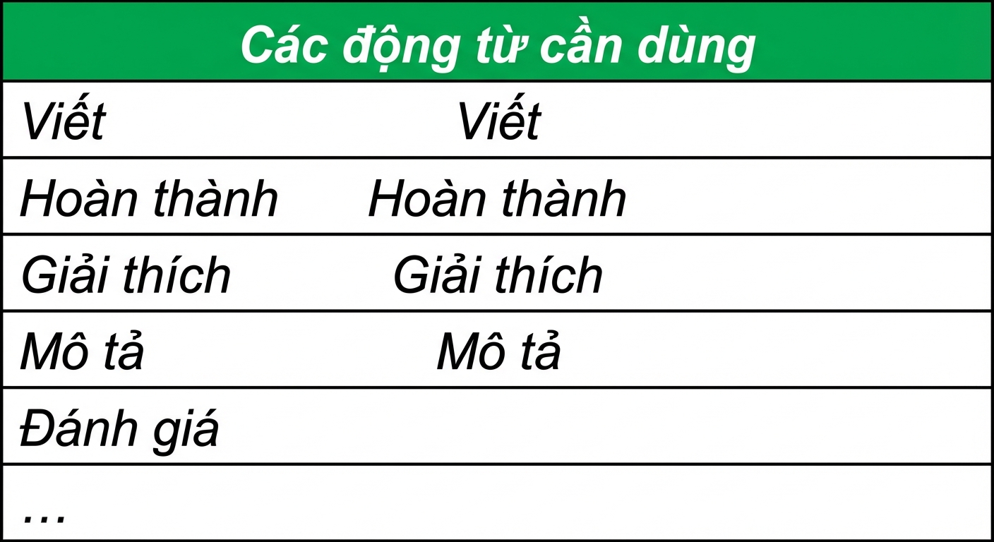 Bảng các động từ nên dùng gồm write, complete, explain, describe, hoặc evaluate.