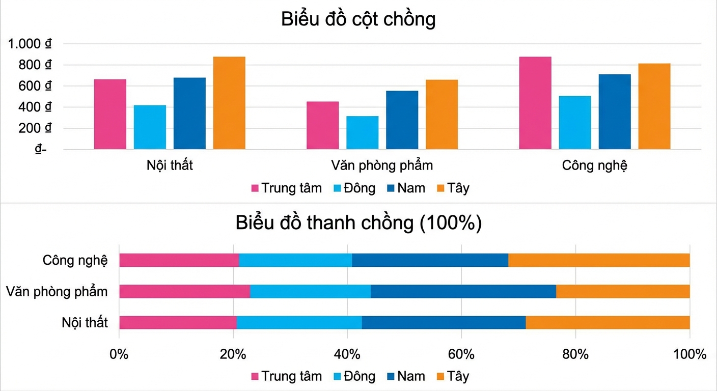 Ví dụ về biểu đồ cột thanh xếp chồng và xếp chồng 100%