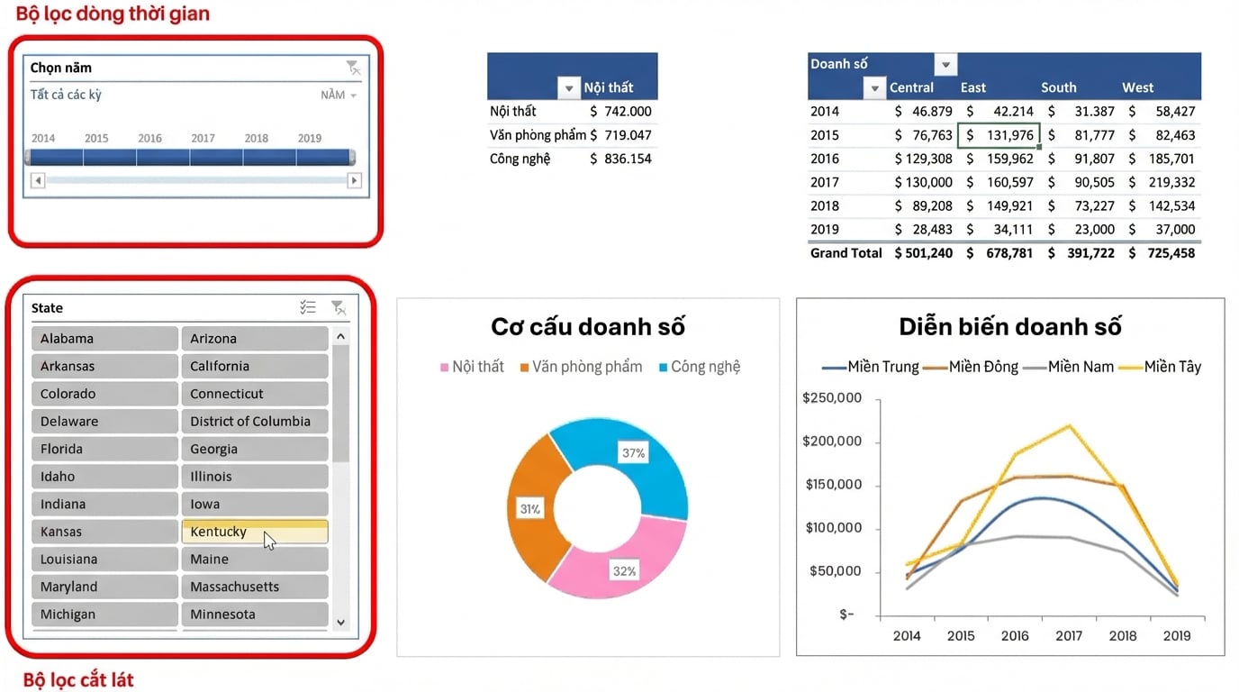Ví dụ bảng điều khiển nhỏ trong Excel, gồm timeline và slicer