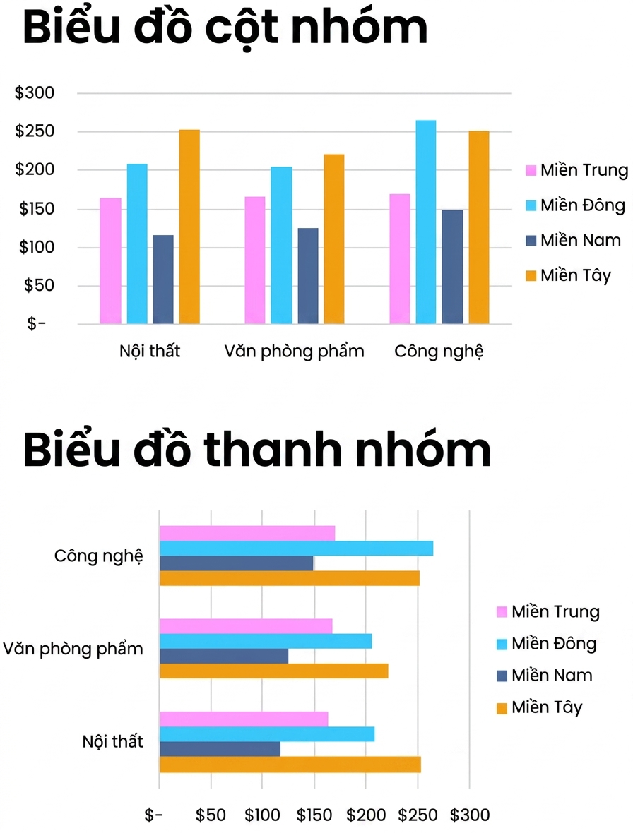 Ví dụ về biểu đồ cột nhóm ngang và dọc