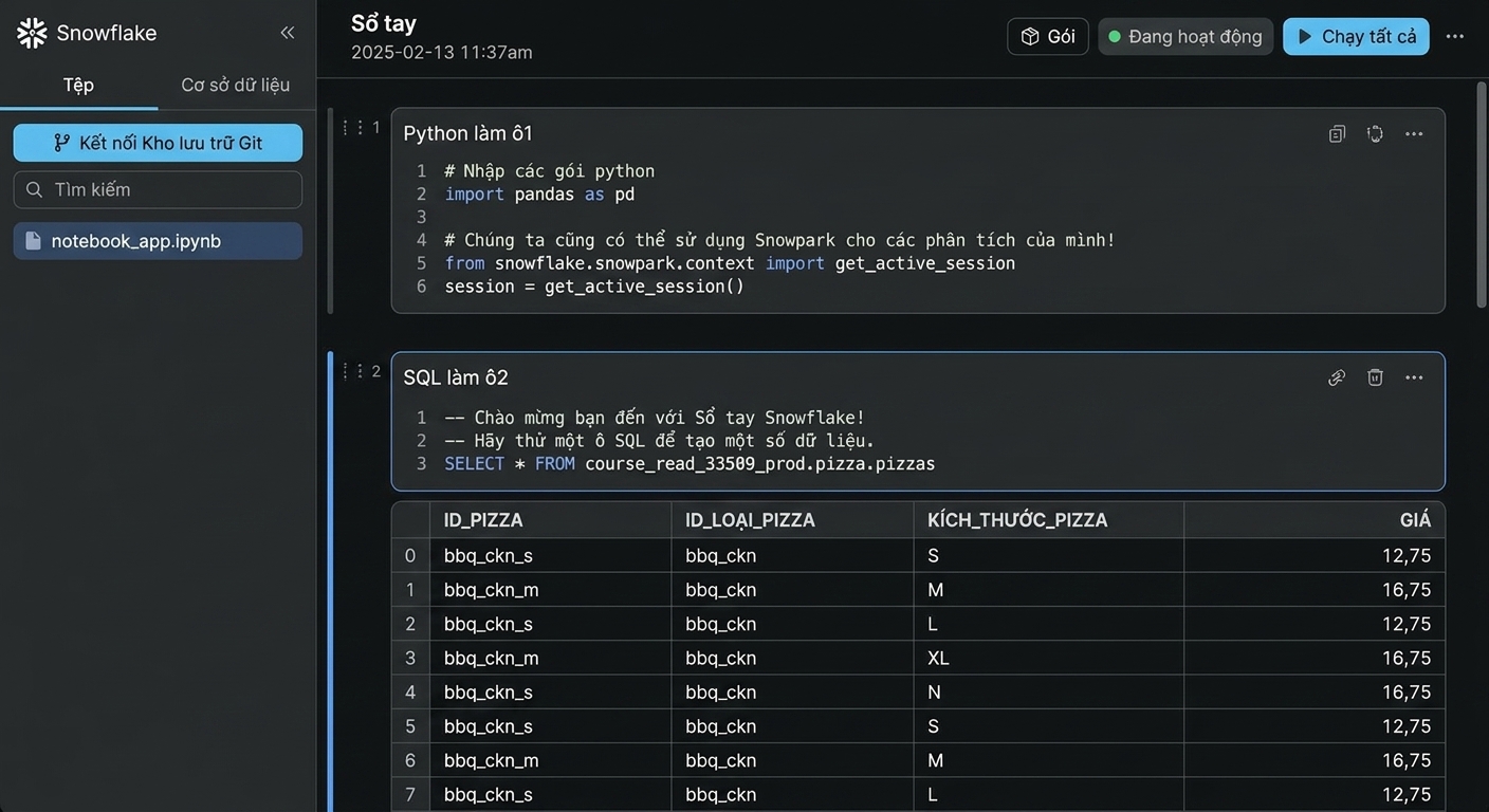 Notebook Snowflake dùng ô mã Python và SQL