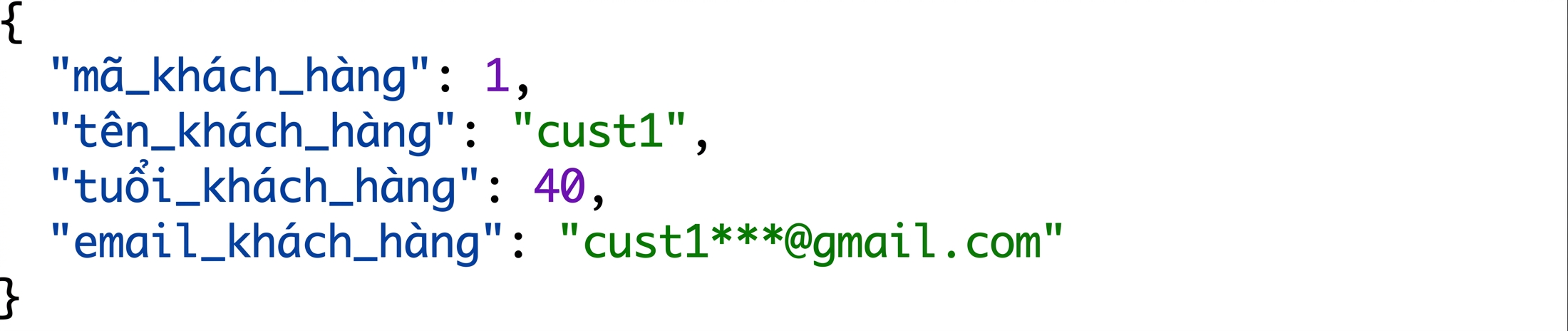 Ví dụ bản ghi JSON của khách hàng có id, tên, tuổi và email