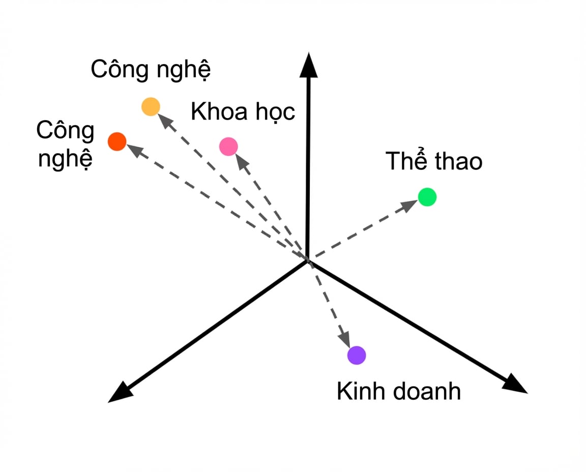 Mô tả lớp đã embedding trong không gian vector, với một vector chưa biết được gán nhãn Tech.