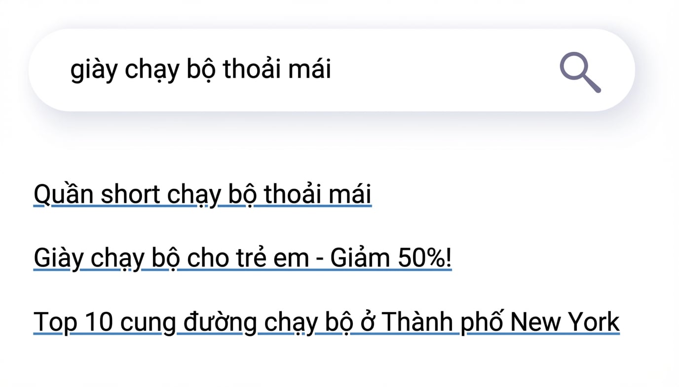 Một công cụ tìm kiếm truyền thống hiển thị kết quả không liên quan.