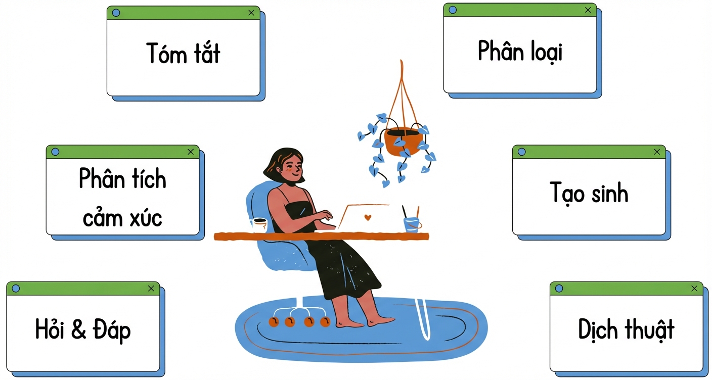 Người ngồi tại bàn với các tác vụ xung quanh: sinh văn bản và dịch